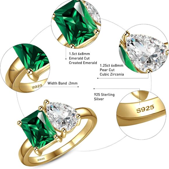 Women’s 2.75ct Gold Plated Toi Et Moi Engagement Ring Silver Green Zirconia - Picture 3 of 7